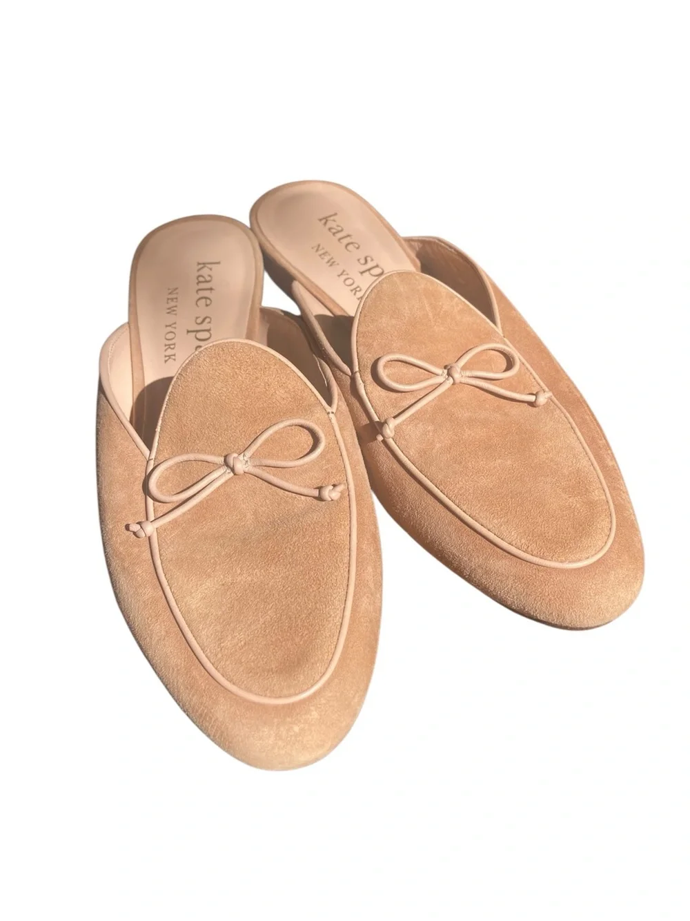 Kate Spade Devi Suede Bow Mules Size 9.5 Tan Beige Slip On Flats